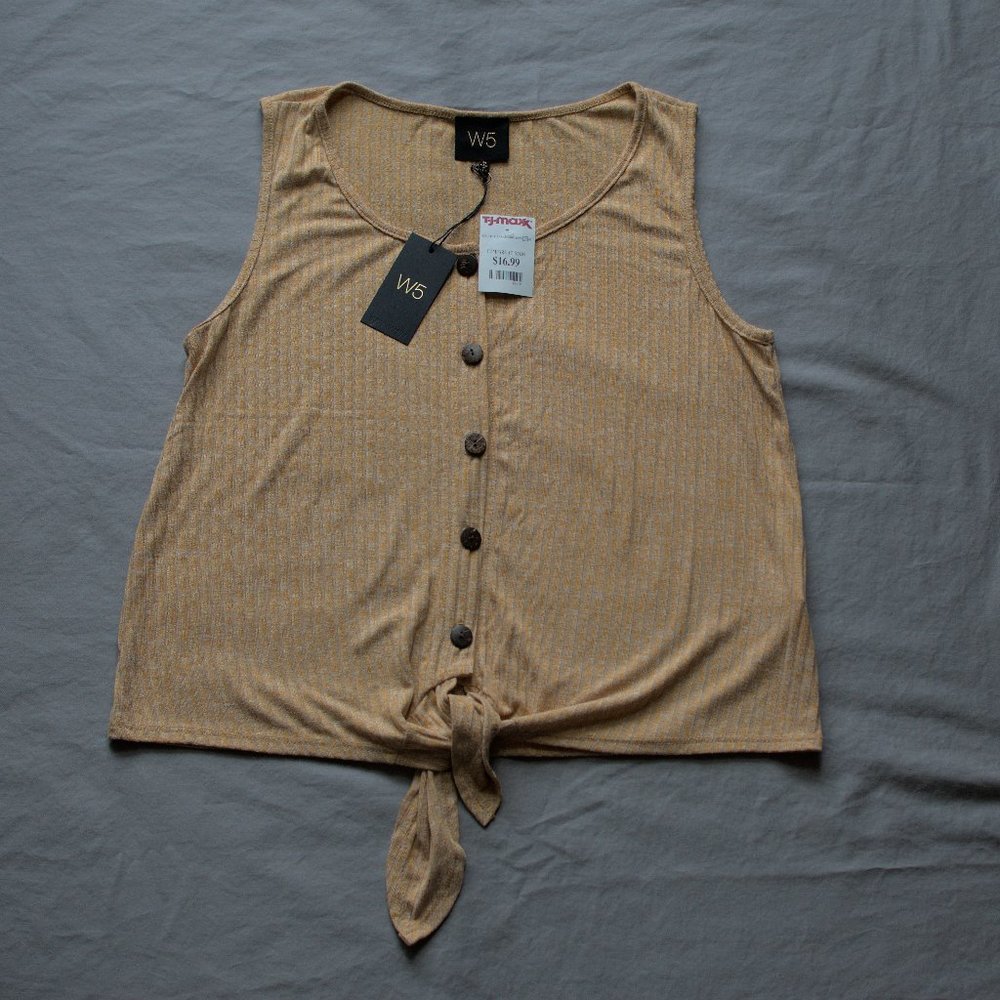 gold knit button down tank with tie front - M